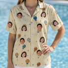 Model wearing Women's Sugar Spin Custom Face Hawaiian Shirt printed with kids' faces