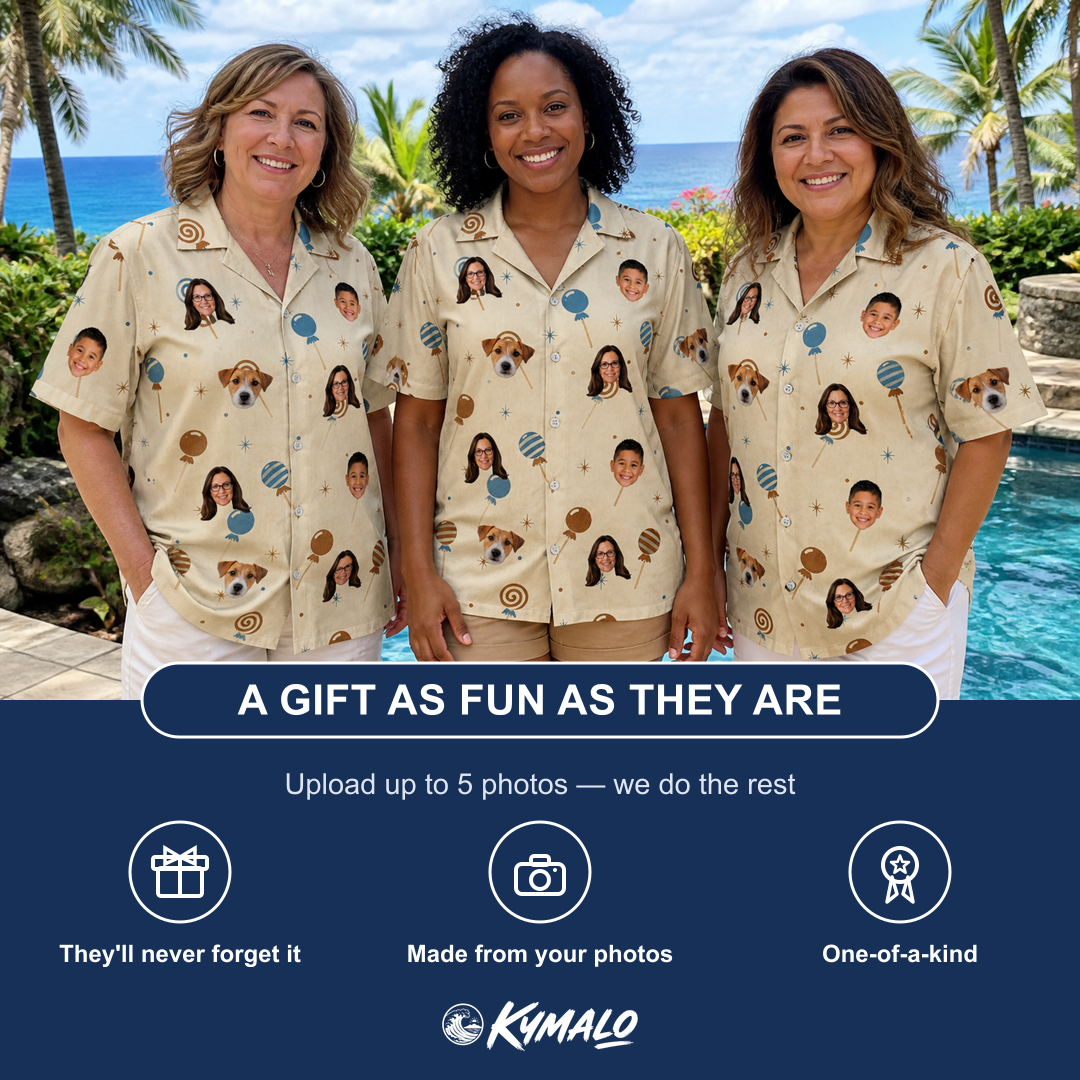 Friends in matching Women's Sugar Spin Custom Face Hawaiian Shirt — a group gift photo