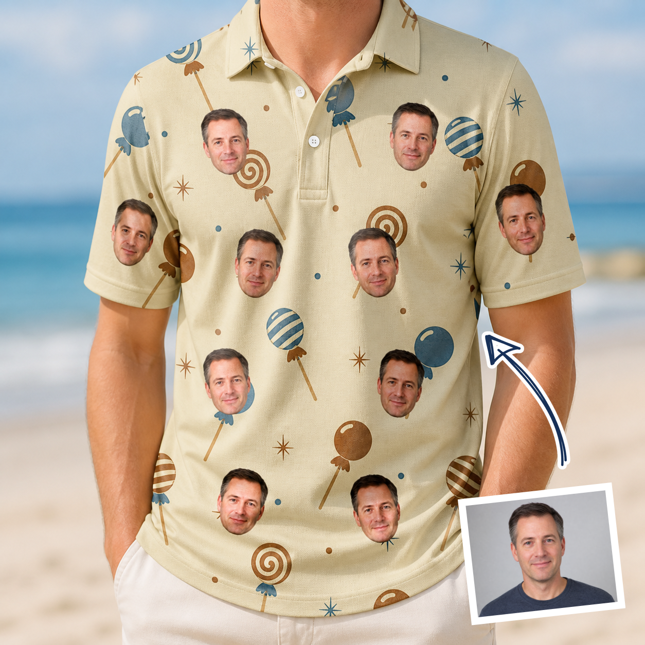 Man wearing Men's Sugar Spin Custom Face Polo Shirt — custom faces printed all-over