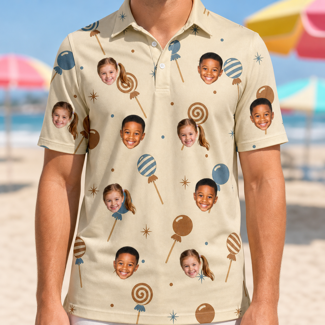 Model wearing Men's Sugar Spin Custom Face Polo Shirt printed with kids' faces