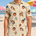 Model wearing Men's Sugar Spin Custom Face Polo Shirt printed with kids' faces