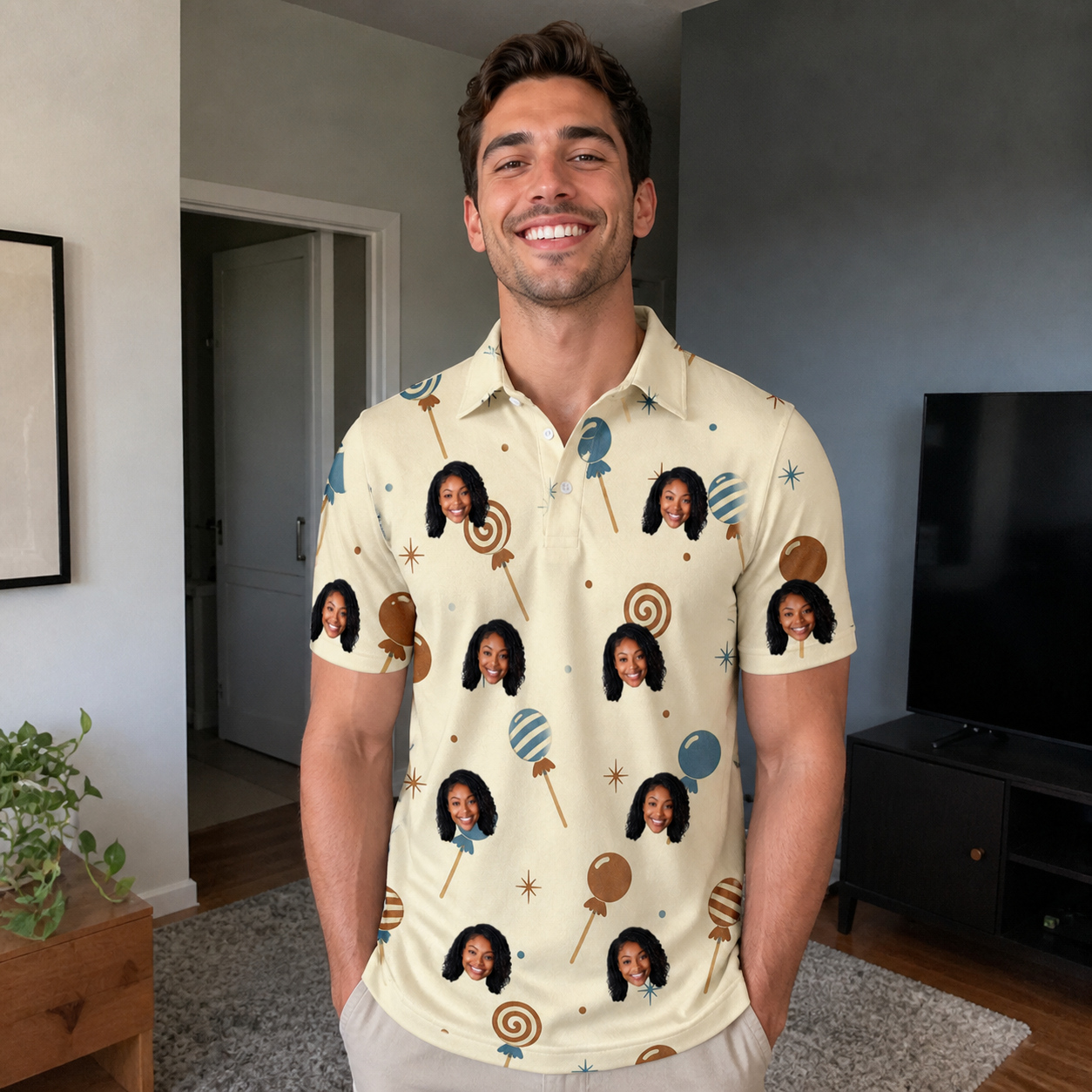 Real-life photo of someone wearing Men's Sugar Spin Custom Face Polo Shirt — custom faces printed all-over