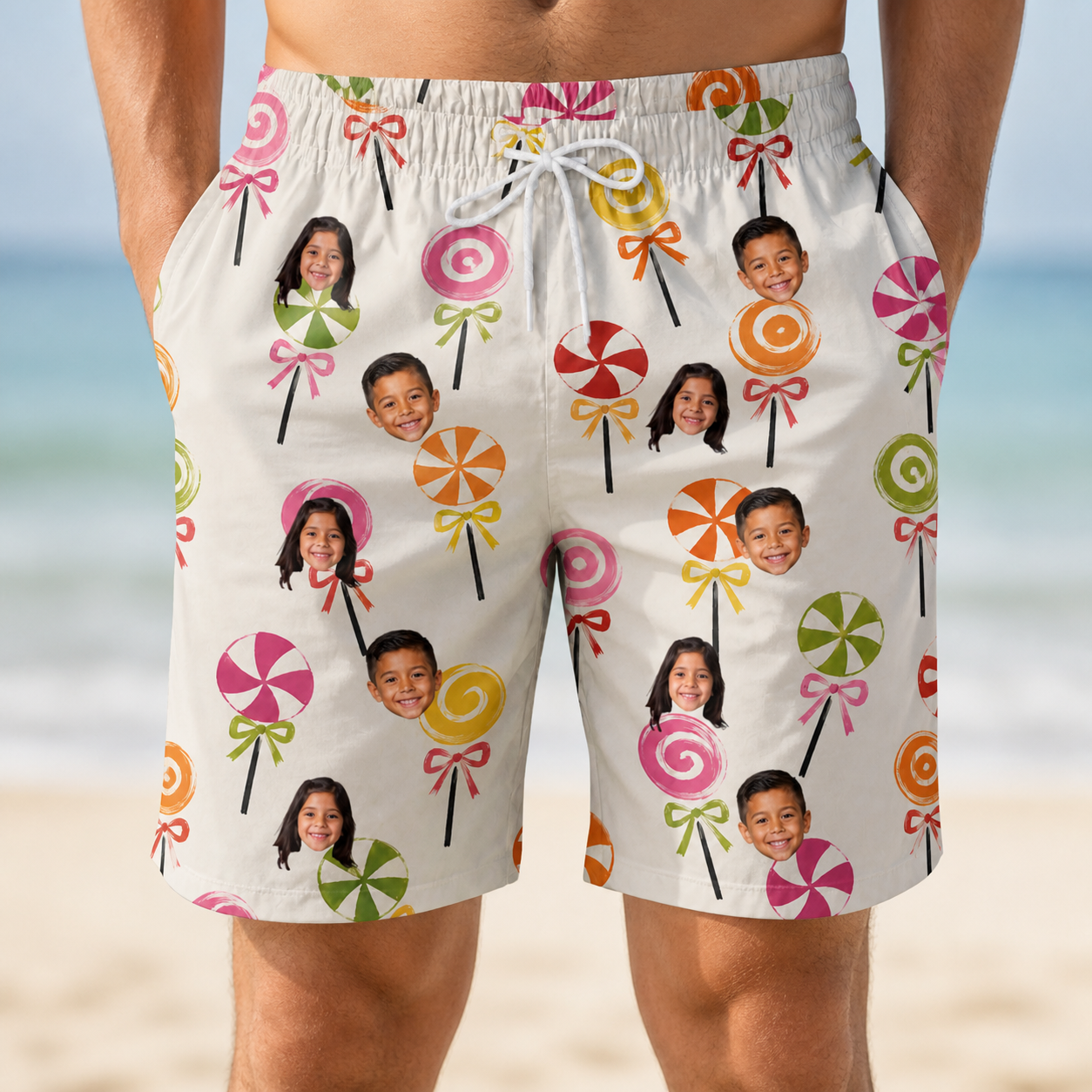 Model wearing Men's Lolli Jubilee Custom Face Beach Shorts printed with kids' faces