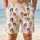 Model wearing Men's Lolli Jubilee Custom Face Beach Shorts printed with kids' faces