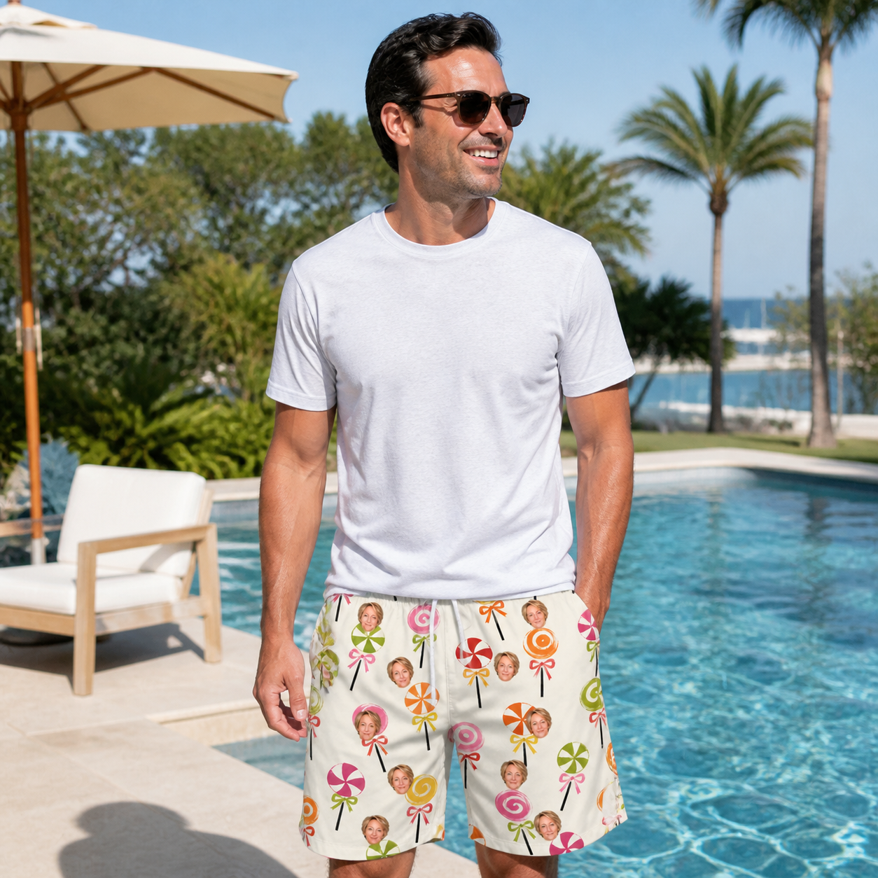 Real-life photo of someone wearing Men's Lolli Jubilee Custom Face Beach Shorts — custom faces printed all-over