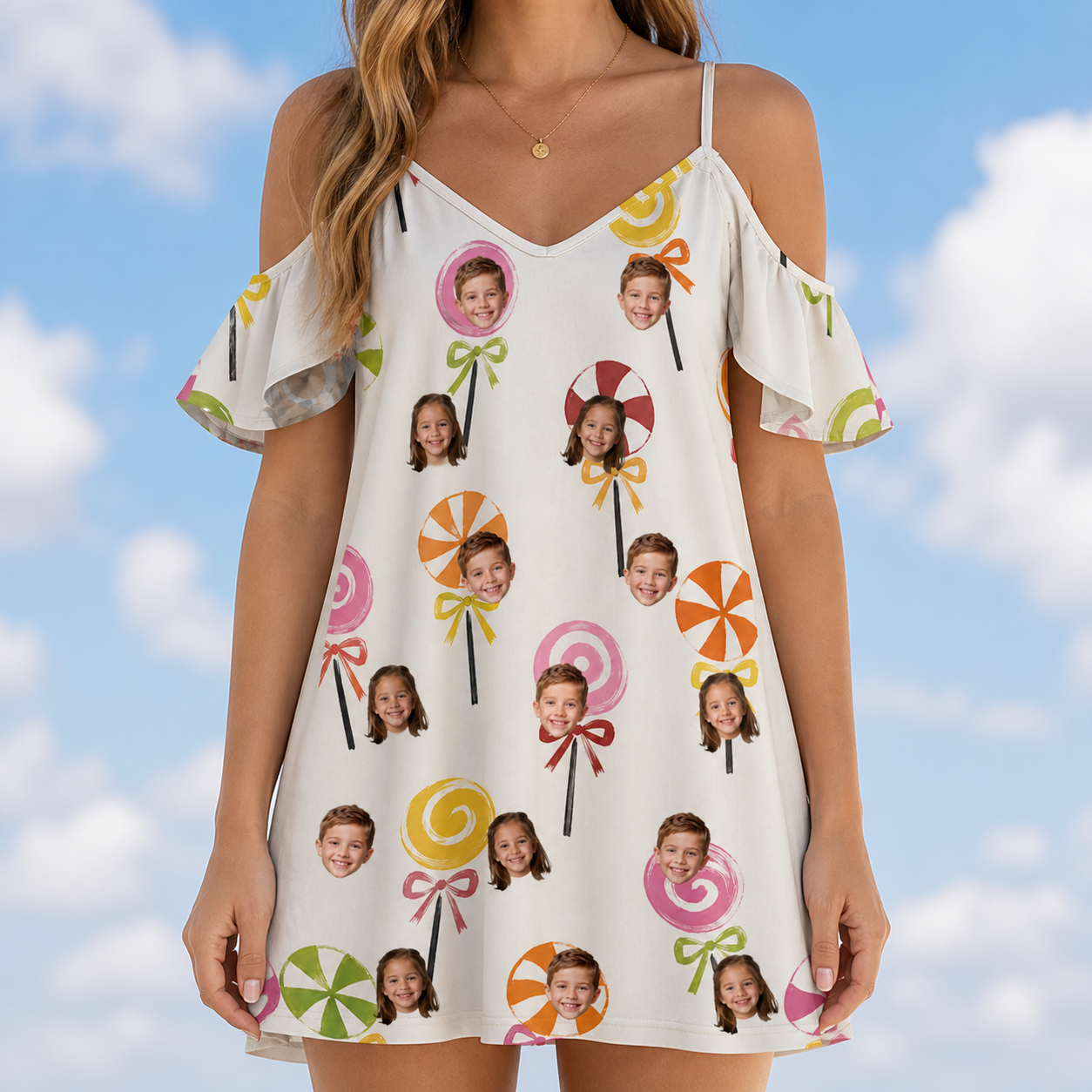 Model wearing Women's Lolli Jubilee Custom Face Off-Shoulder Dress printed with kids' faces