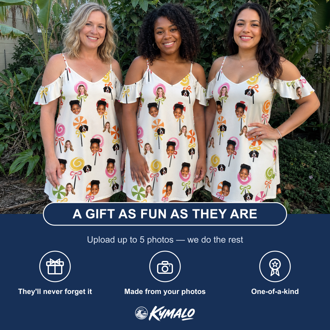 Friends in matching Women's Lolli Jubilee Custom Face Off-Shoulder Dress — a group gift photo