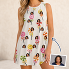 Woman wearing Women's Lolli Jubilee Custom Face Tank Dress — custom faces printed all-over