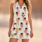 Model wearing Women's Lolli Jubilee Custom Face V-Neck Dress printed with kids' faces