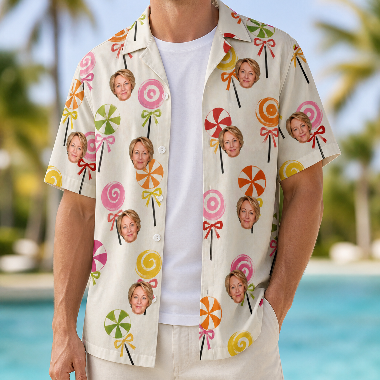 Man wearing Men's Lolli Jubilee Custom Face Hawaiian Shirt open over a white tee