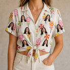 Woman wearing Women's Lolli Jubilee Custom Face Hawaiian Shirt tied at the waist