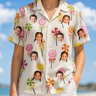 Model wearing Women's Lolli Jubilee Custom Face Hawaiian Shirt printed with kids' faces