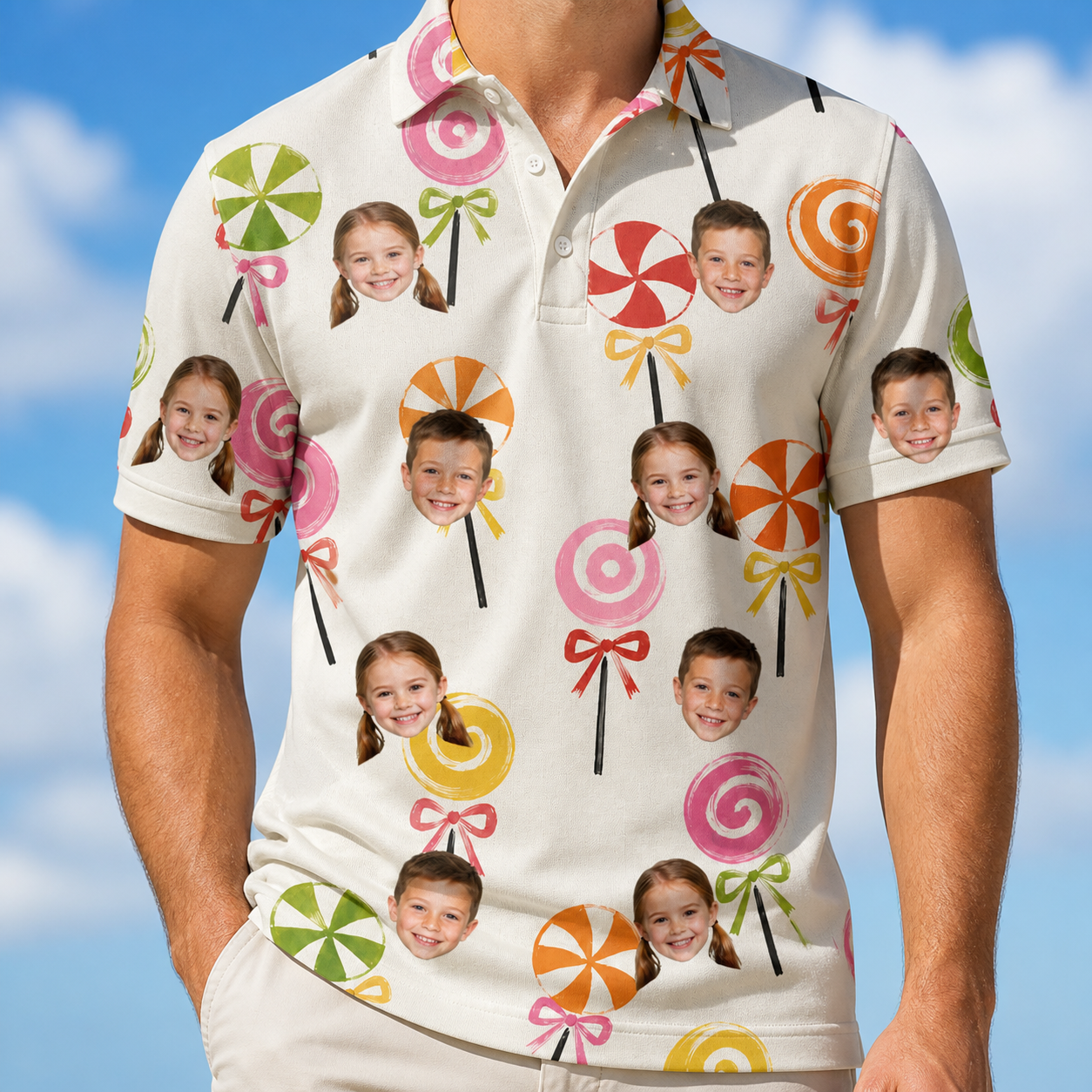 Model wearing Men's Lolli Jubilee Custom Face Polo Shirt printed with kids' faces