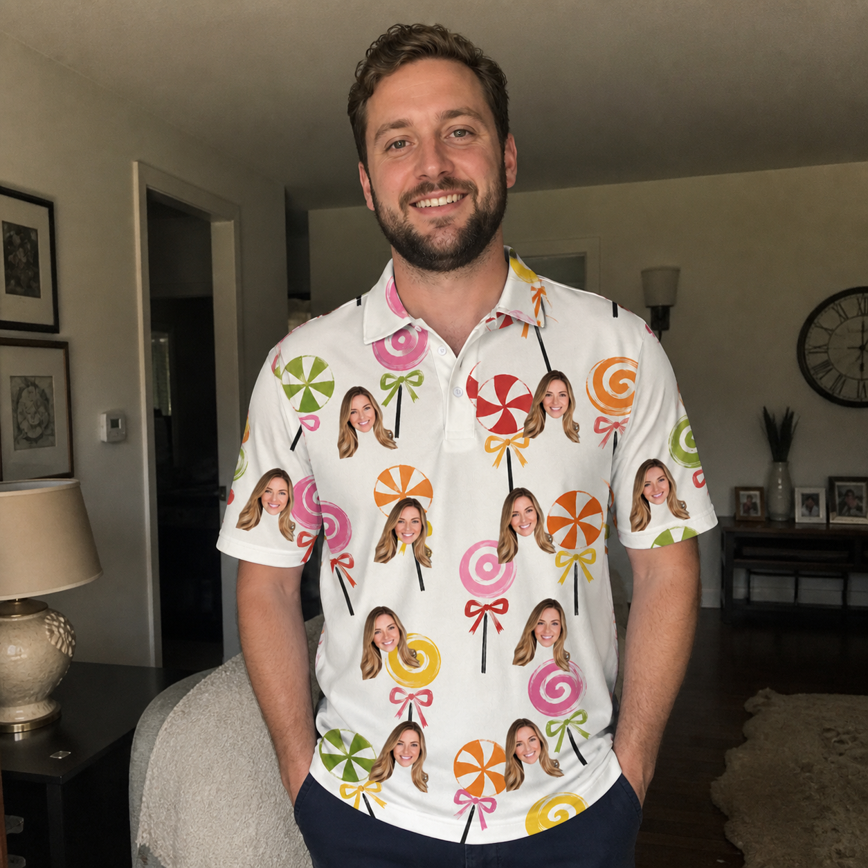 Real-life photo of someone wearing Men's Lolli Jubilee Custom Face Polo Shirt — custom faces printed all-over