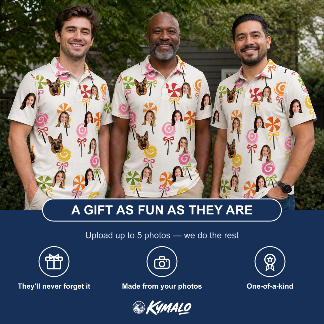 Friends in matching Men's Lolli Jubilee Custom Face Polo Shirt — a group gift photo