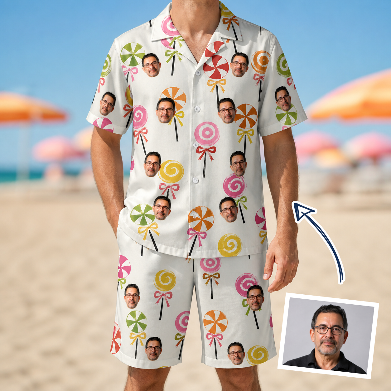 Man wearing Men's Lolli Jubilee Custom Face Shirt & Shorts Set — custom faces printed all-over