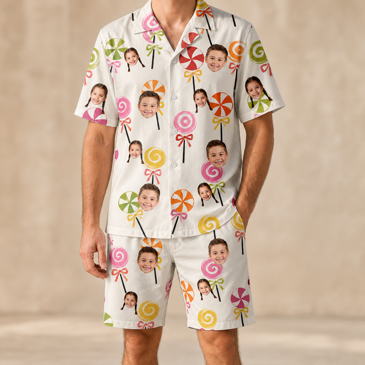 Model wearing Men's Lolli Jubilee Custom Face Shirt & Shorts Set printed with kids' faces