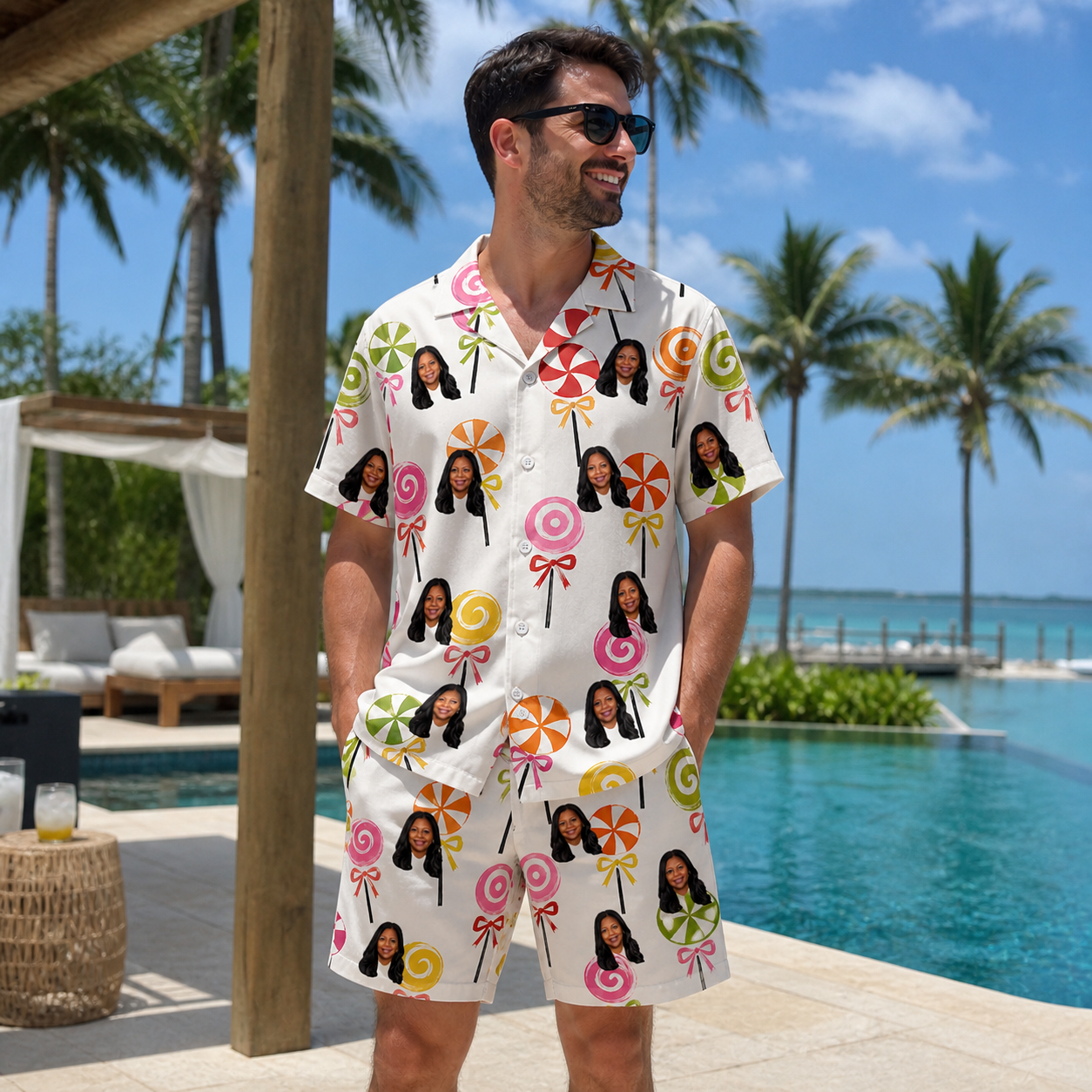 Real-life photo of someone wearing Men's Lolli Jubilee Custom Face Shirt & Shorts Set — custom faces printed all-over