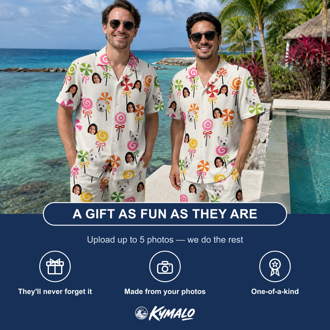 Friends in matching Men's Lolli Jubilee Custom Face Shirt & Shorts Set — a group gift photo