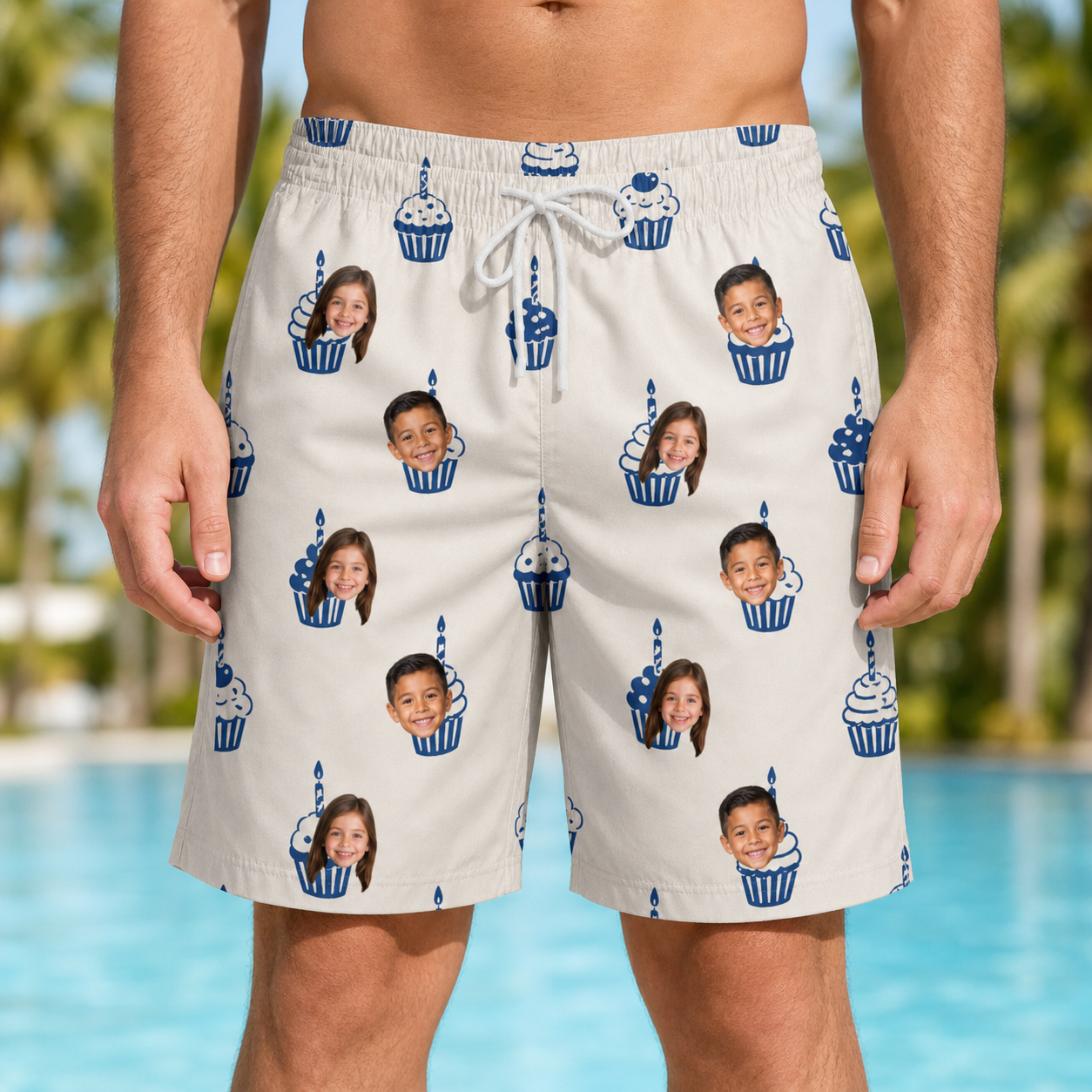Model wearing Men's Cupcake Countdown Custom Face Beach Shorts printed with kids' faces
