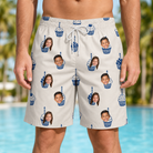Model wearing Men's Cupcake Countdown Custom Face Beach Shorts printed with kids' faces