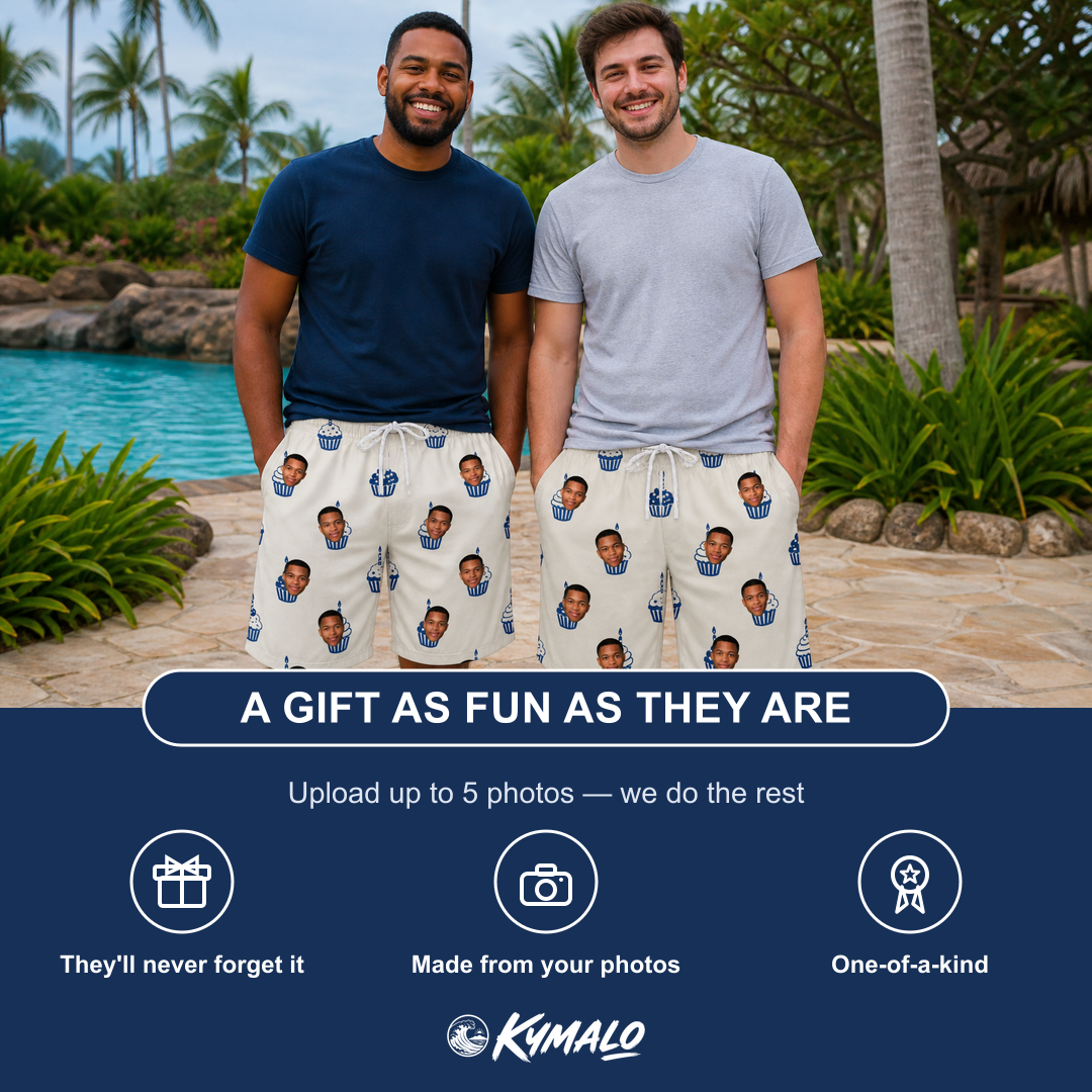 Friends in matching Men's Cupcake Countdown Custom Face Beach Shorts — a group gift photo