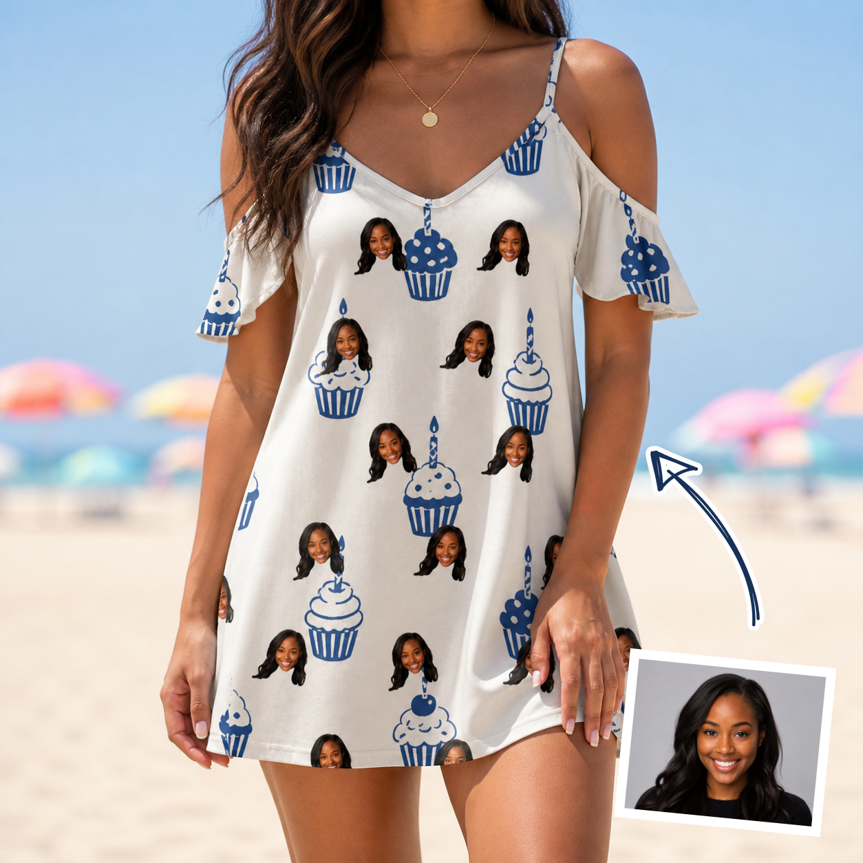 Woman wearing Women's Cupcake Countdown Custom Face Off-Shoulder Dress — custom faces printed all-over