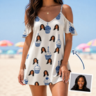 Woman wearing Women's Cupcake Countdown Custom Face Off-Shoulder Dress — custom faces printed all-over