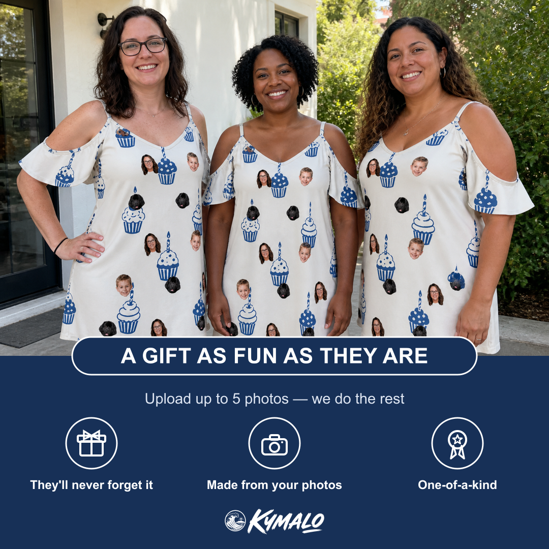Friends in matching Women's Cupcake Countdown Custom Face Off-Shoulder Dress — a group gift photo