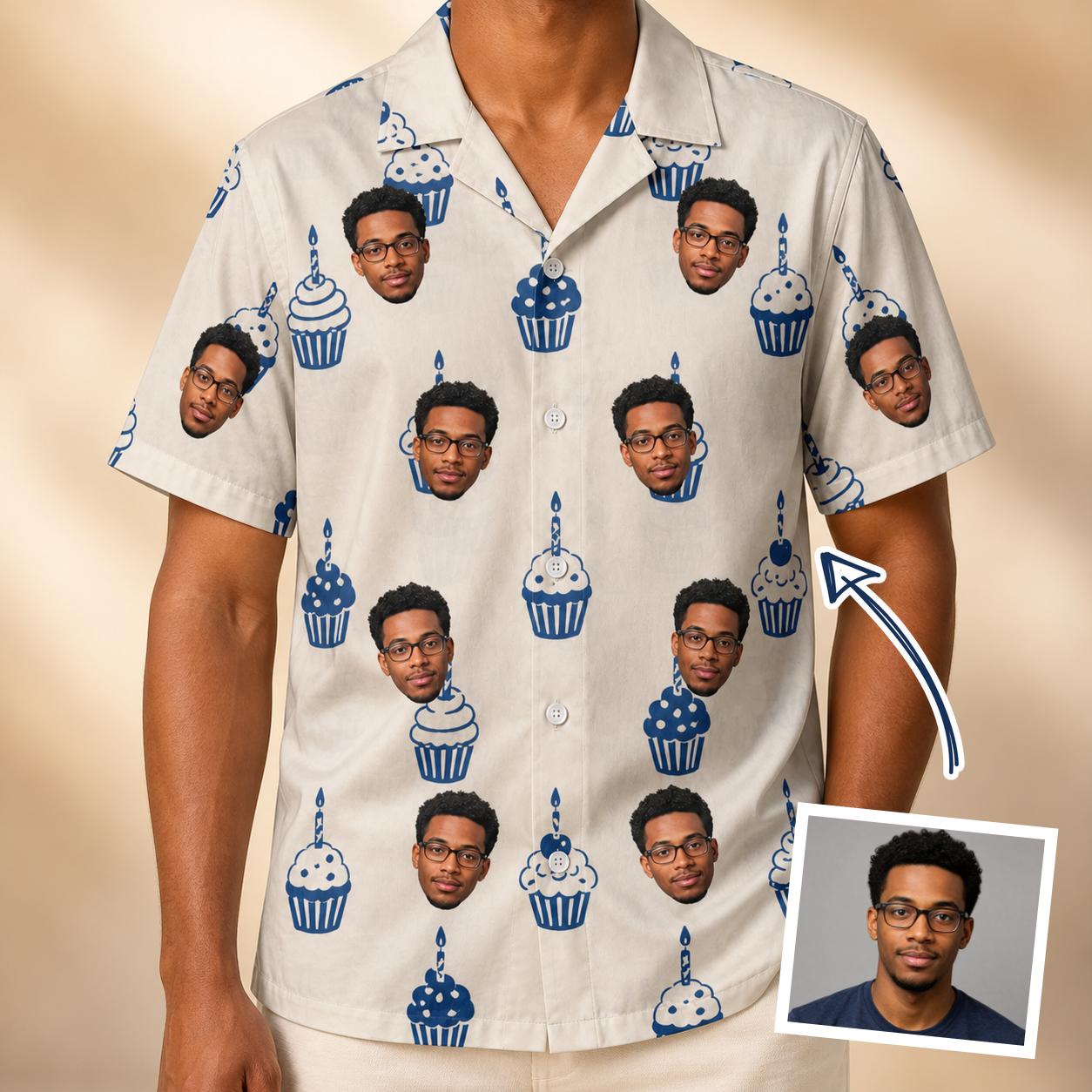 Man wearing Men's Cupcake Countdown Custom Face Hawaiian Shirt — custom faces printed all-over