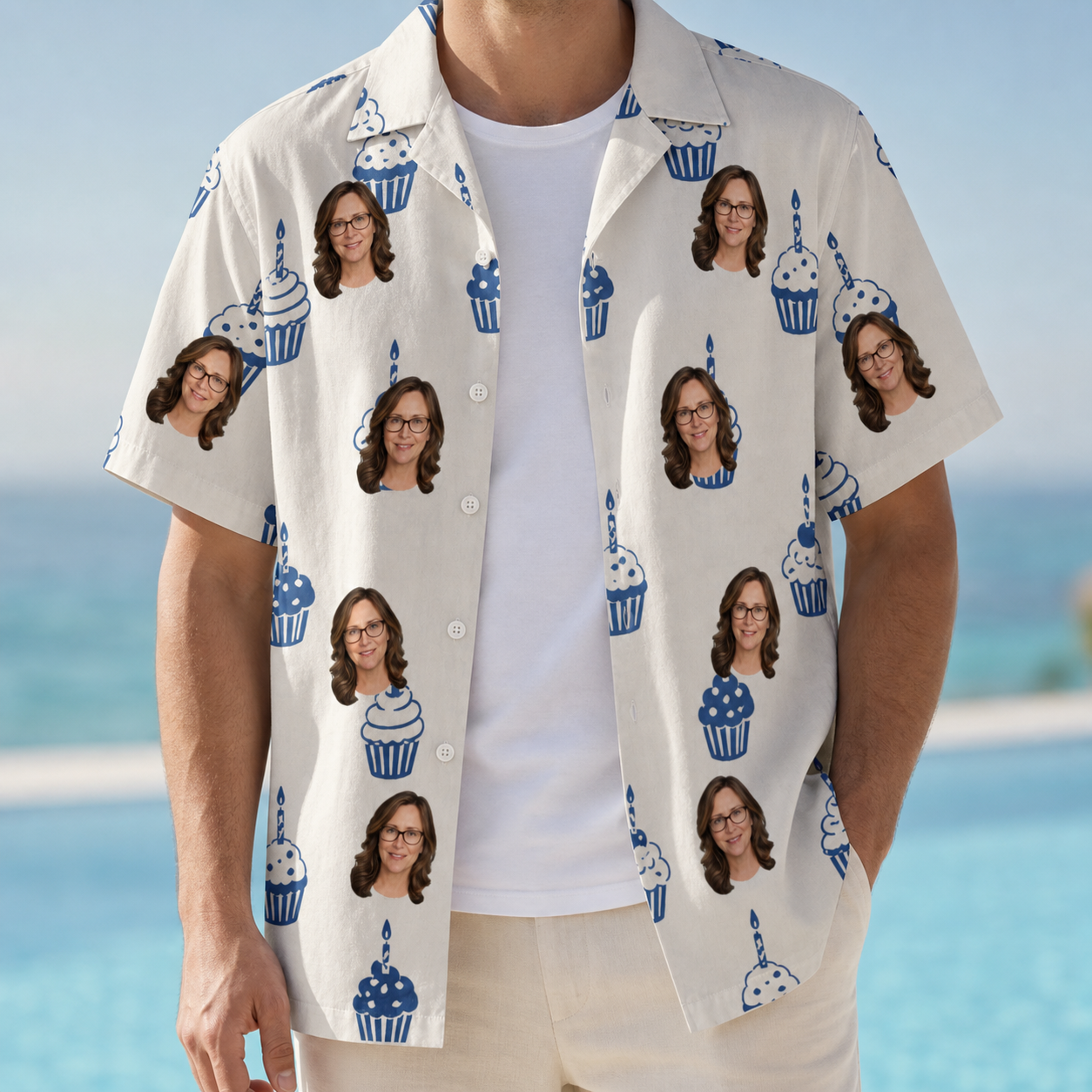 Man wearing Men's Cupcake Countdown Custom Face Hawaiian Shirt open over a white tee