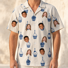 Model wearing Men's Cupcake Countdown Custom Face Hawaiian Shirt printed with kids' faces