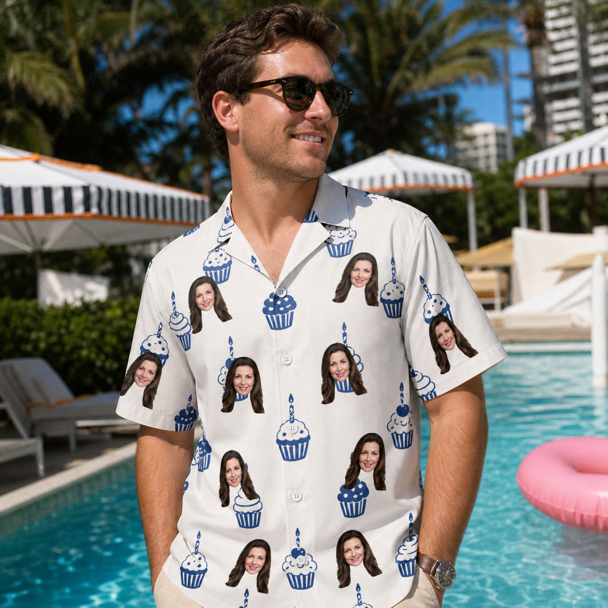 Real-life photo of someone wearing Men's Cupcake Countdown Custom Face Hawaiian Shirt — custom faces printed all-over