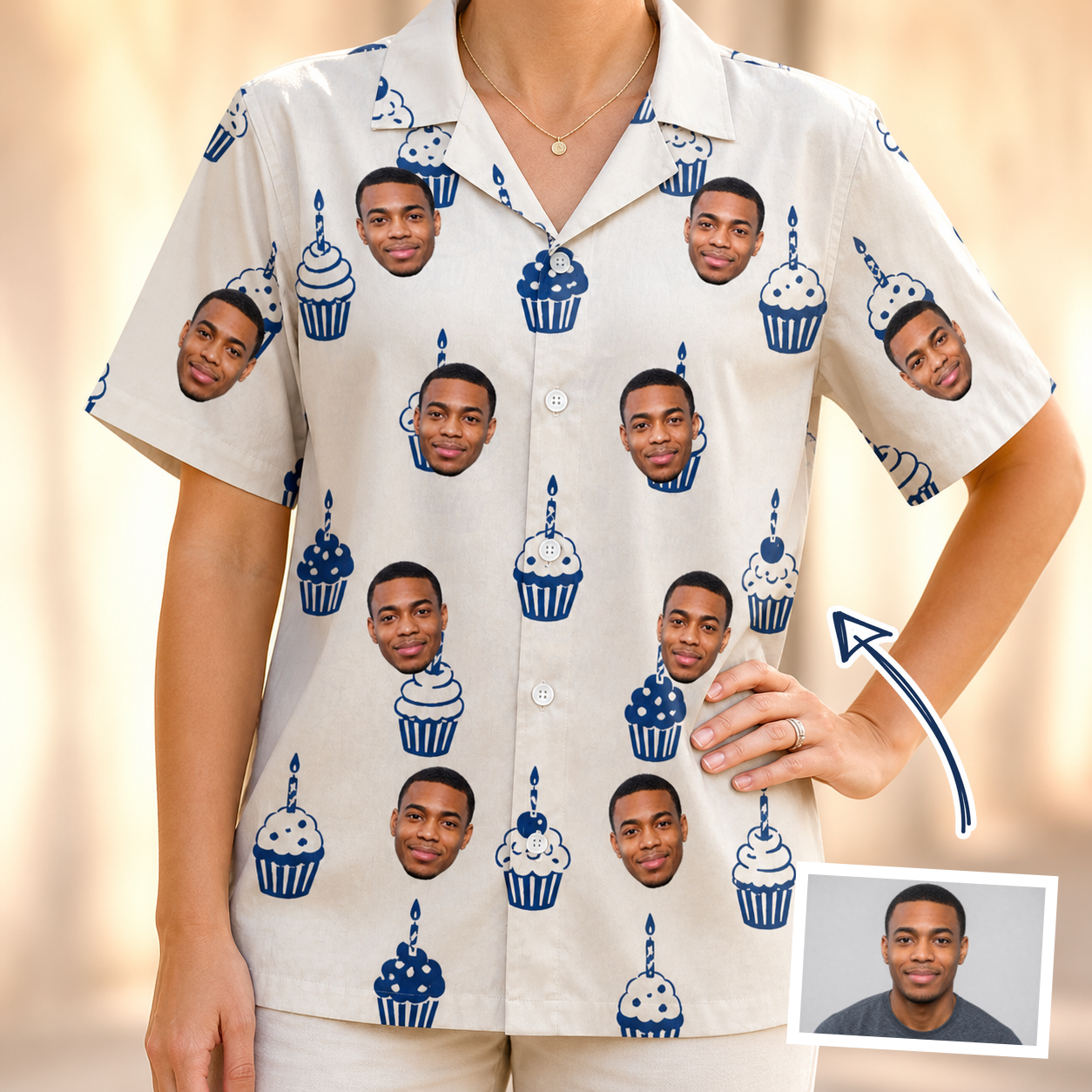 Woman wearing Women's Cupcake Countdown Custom Face Hawaiian Shirt — custom faces printed all-over