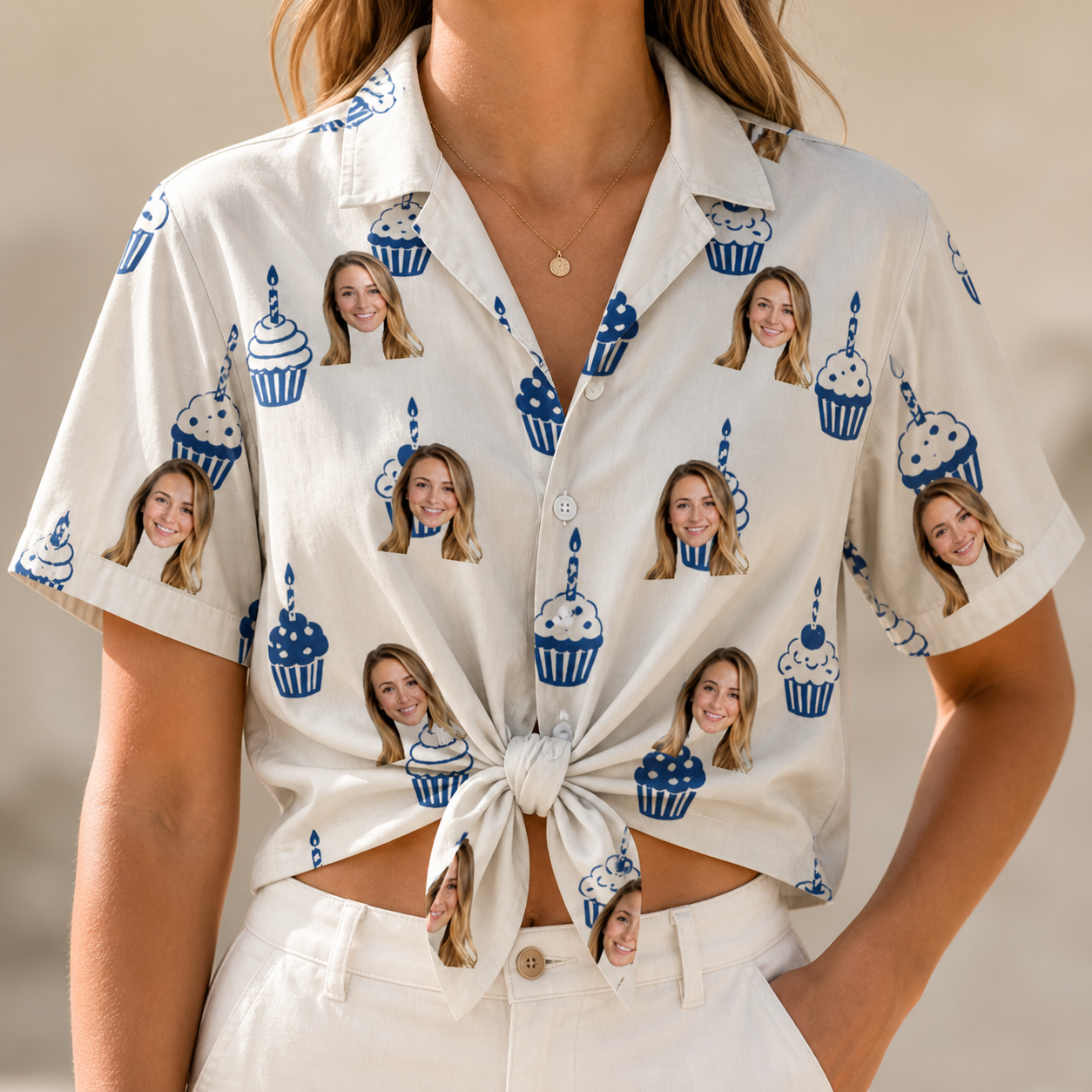 Woman wearing Women's Cupcake Countdown Custom Face Hawaiian Shirt tied at the waist