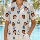 Model wearing Women's Cupcake Countdown Custom Face Hawaiian Shirt printed with kids' faces