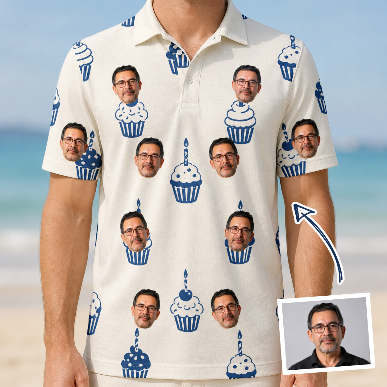 Man wearing Men's Cupcake Countdown Custom Face Polo Shirt — custom faces printed all-over
