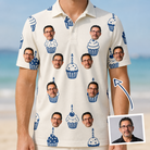 Man wearing Men's Cupcake Countdown Custom Face Polo Shirt — custom faces printed all-over