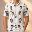 Model wearing Men's Cupcake Countdown Custom Face Polo Shirt printed with kids' faces
