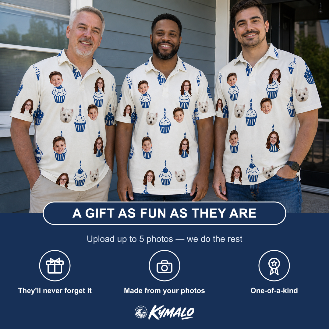 Friends in matching Men's Cupcake Countdown Custom Face Polo Shirt — a group gift photo
