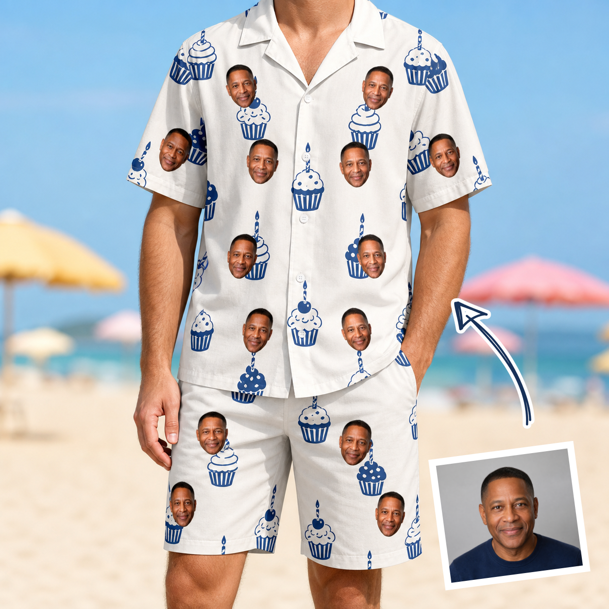 Man wearing Men's Cupcake Countdown Custom Face Shirt & Shorts Set — custom faces printed all-over
