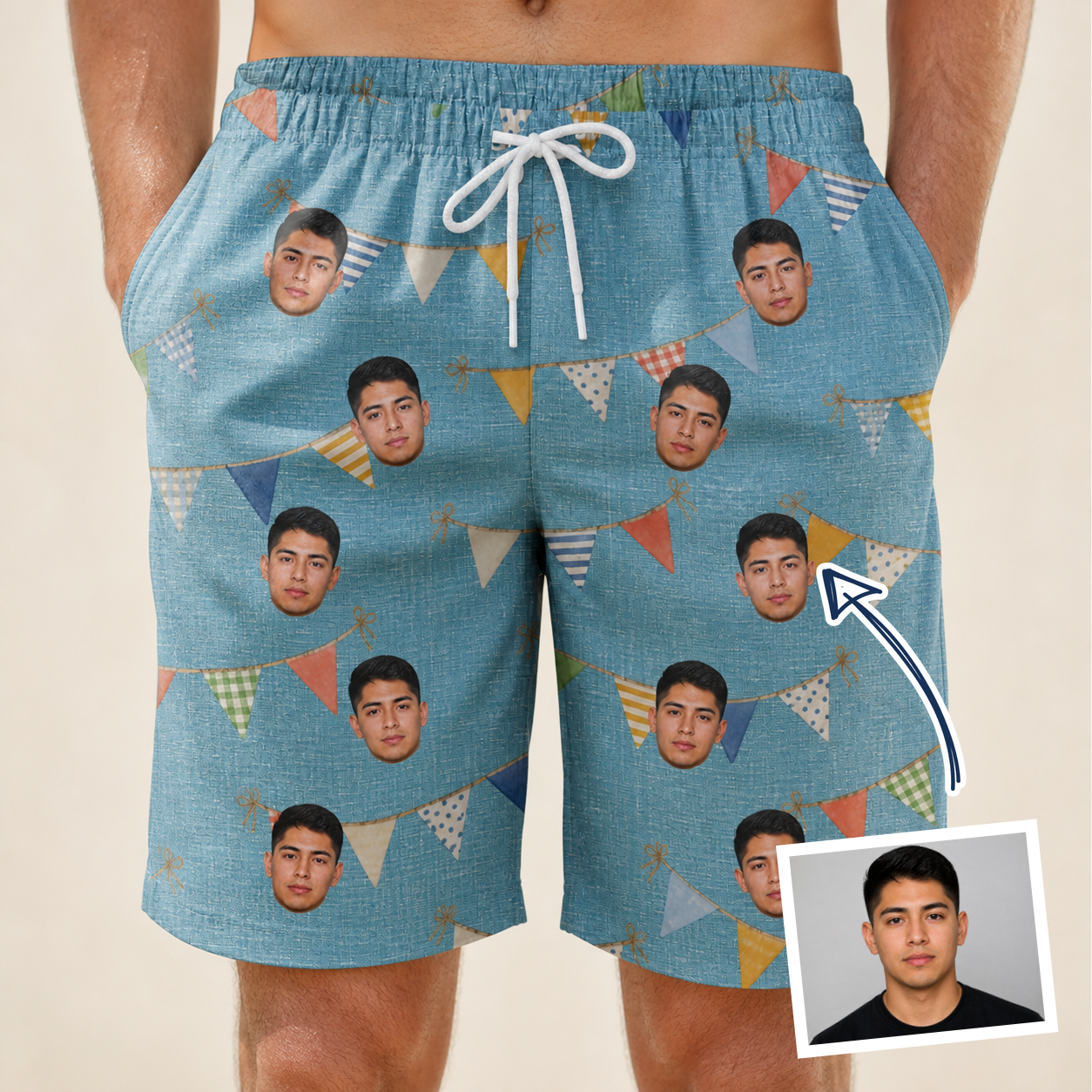 Man wearing Men's Birthday Bunting Custom Face Beach Shorts — custom faces printed all-over