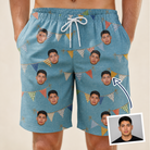 Man wearing Men's Birthday Bunting Custom Face Beach Shorts — custom faces printed all-over