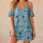 Model wearing Women's Birthday Bunting Custom Face Off-Shoulder Dress printed with kids' faces