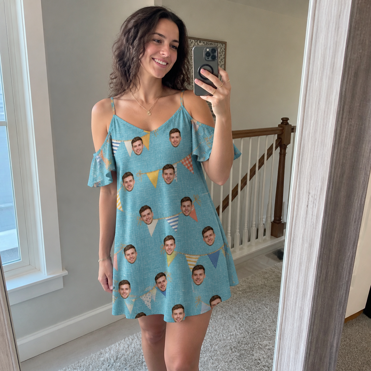 Real-life photo of someone wearing Women's Birthday Bunting Custom Face Off-Shoulder Dress — custom faces printed all-over