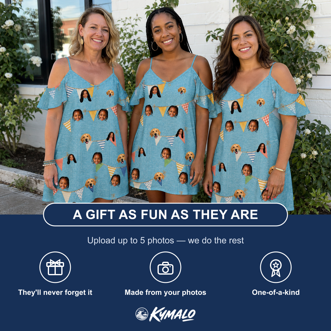 Friends in matching Women's Birthday Bunting Custom Face Off-Shoulder Dress — a group gift photo