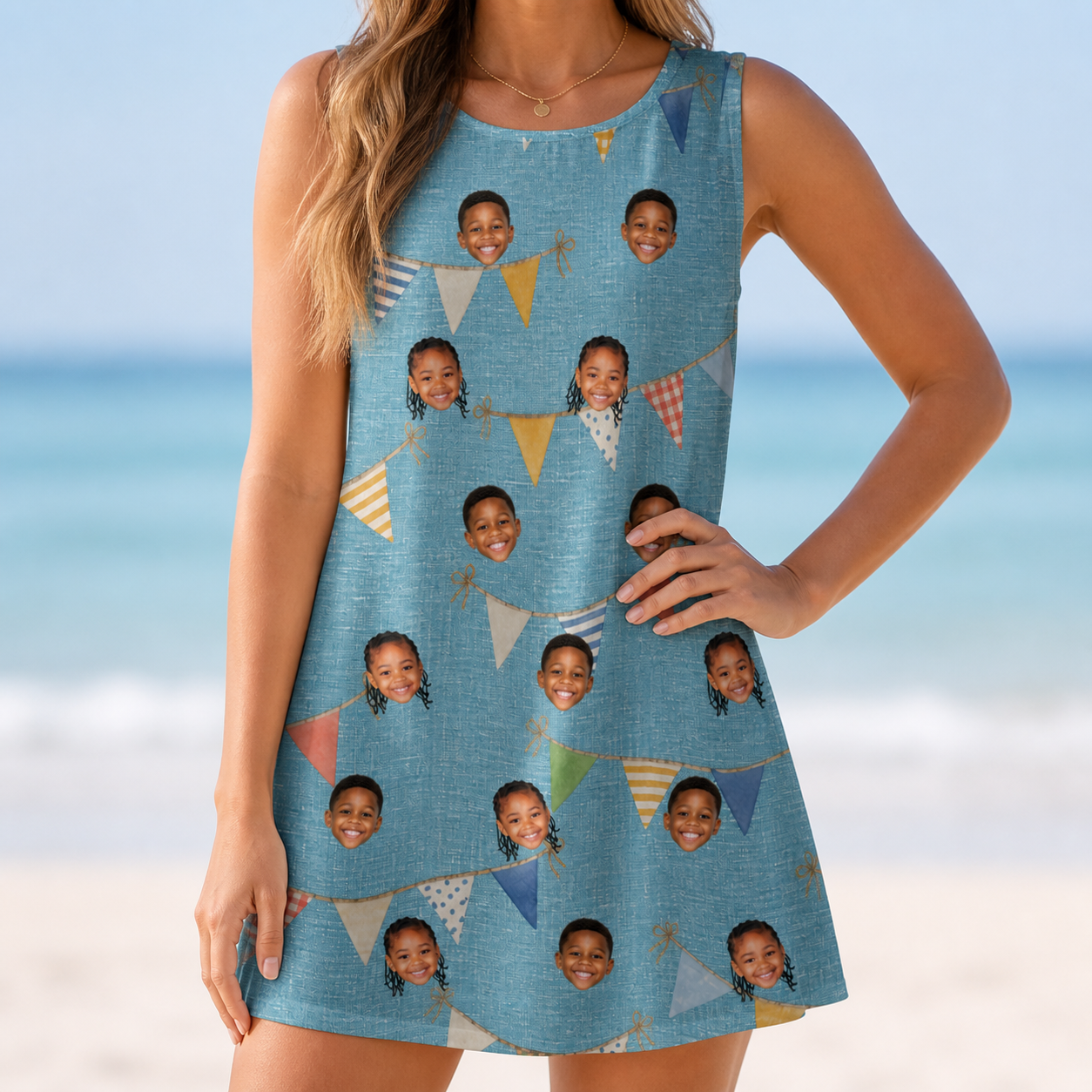 Model wearing Women's Birthday Bunting Custom Face Tank Dress printed with kids' faces