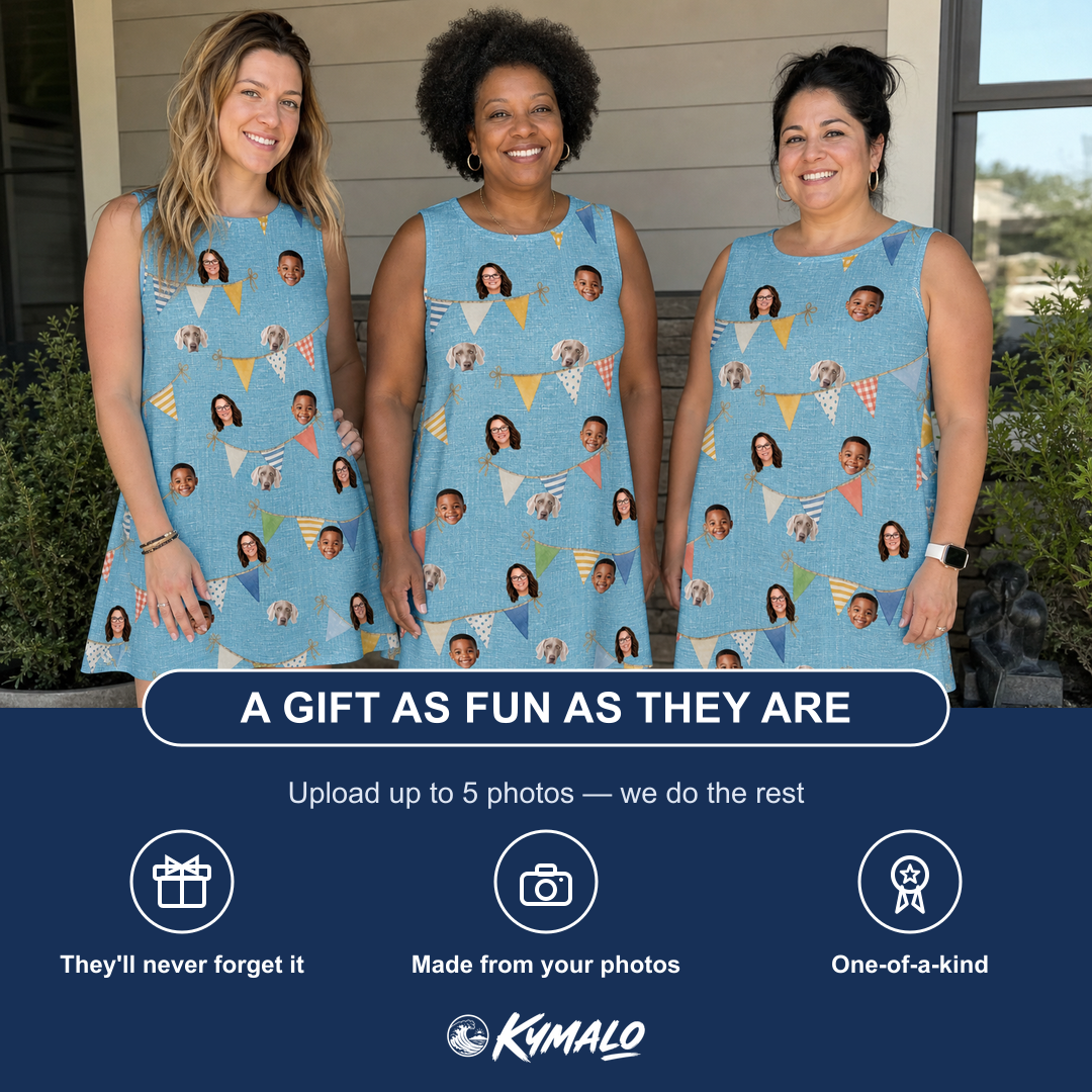 Friends in matching Women's Birthday Bunting Custom Face Tank Dress — a group gift photo