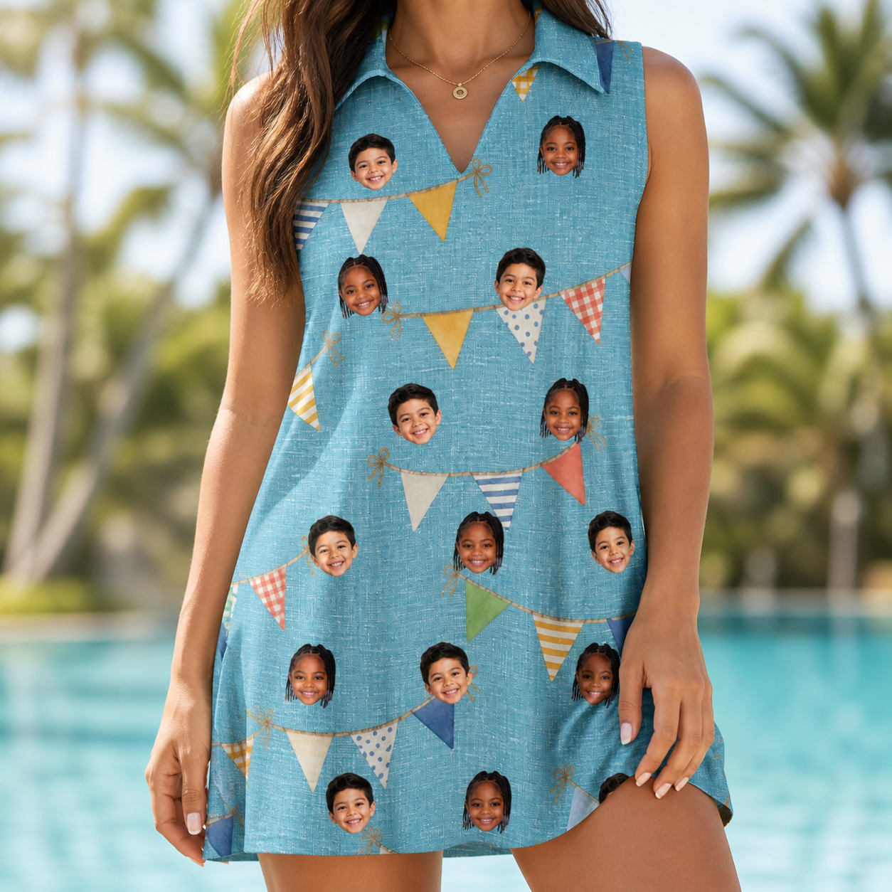 Model wearing Women's Birthday Bunting Custom Face V-Neck Dress printed with kids' faces