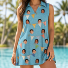 Model wearing Women's Birthday Bunting Custom Face V-Neck Dress printed with kids' faces